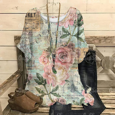 Dámske vintage tričko s 3D kvetinovou potlačou, letné tričko s krátkym rukávom a výstrihom do O-krku, nadrozmerný dámsky top, ležérny Harajuku sveter