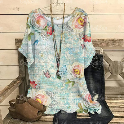 Dámske vintage tričko s 3D kvetinovou potlačou, letné tričko s krátkym rukávom a výstrihom do O-krku, nadrozmerný dámsky top, ležérny Harajuku sveter