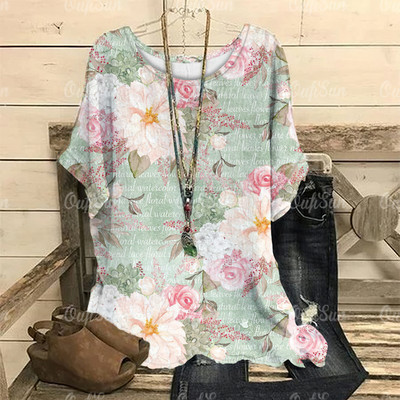 Dámske vintage tričko s 3D kvetinovou potlačou, letné tričko s krátkym rukávom a výstrihom do O-krku, nadrozmerný dámsky top, ležérny Harajuku sveter