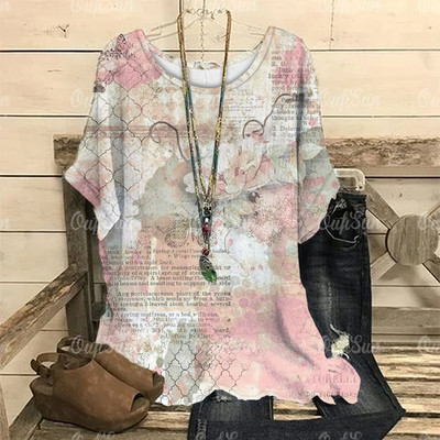 Dámske vintage tričko s 3D kvetinovou potlačou, letné tričko s krátkym rukávom a výstrihom do O-krku, nadrozmerný dámsky top, ležérny Harajuku sveter