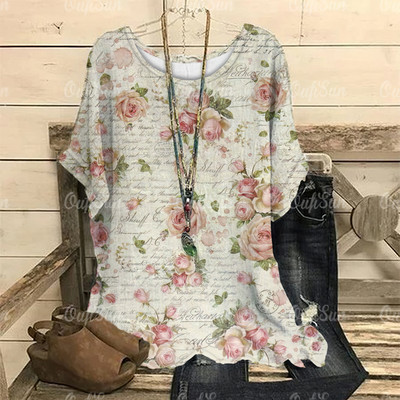 Dámske vintage tričko s 3D kvetinovou potlačou, letné tričko s krátkym rukávom a výstrihom do O-krku, nadrozmerný dámsky top, ležérny Harajuku sveter