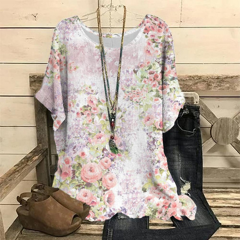 Dámske vintage tričko s 3D kvetinovou potlačou, letné tričko s krátkym rukávom a výstrihom do O-krku, nadrozmerný dámsky top, ležérny Harajuku sveter