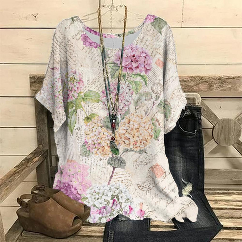 Dámske vintage tričko s 3D kvetinovou potlačou, letné tričko s krátkym rukávom a výstrihom do O-krku, nadrozmerný dámsky top, ležérny Harajuku sveter