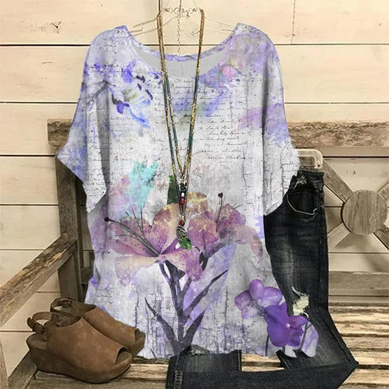 Dámske vintage tričko s 3D kvetinovou potlačou, letné tričko s krátkym rukávom a výstrihom do O-krku, nadrozmerný dámsky top, ležérny Harajuku sveter