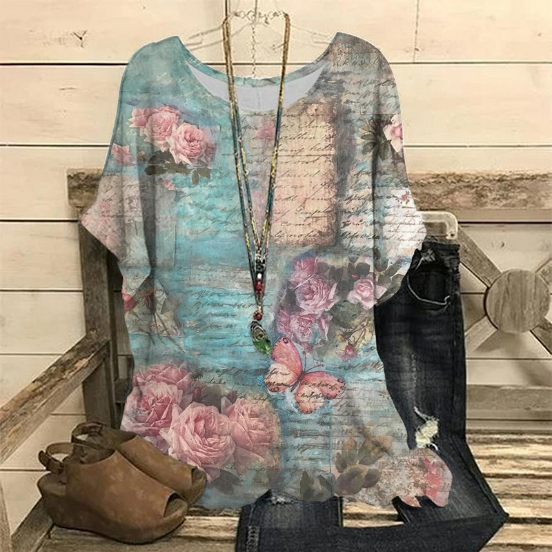 Dámske vintage tričko s 3D kvetinovou potlačou, letné tričko s krátkym rukávom a výstrihom do O-krku, nadrozmerný dámsky top, ležérny Harajuku sveter