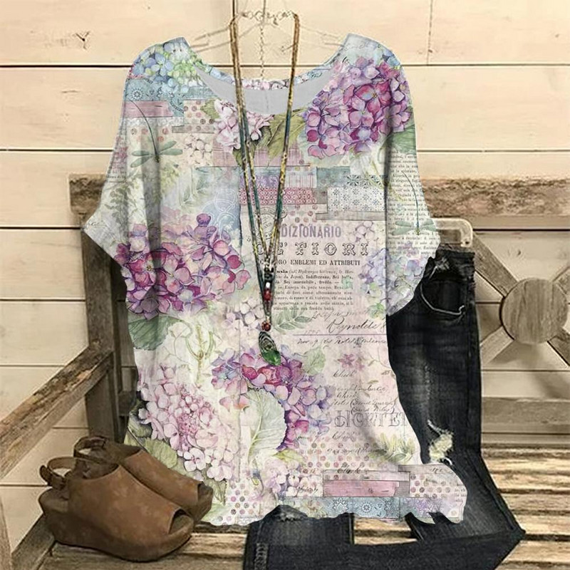 Dámske vintage tričko s 3D kvetinovou potlačou, letné tričko s krátkym rukávom a výstrihom do O-krku, nadrozmerný dámsky top, ležérny Harajuku sveter