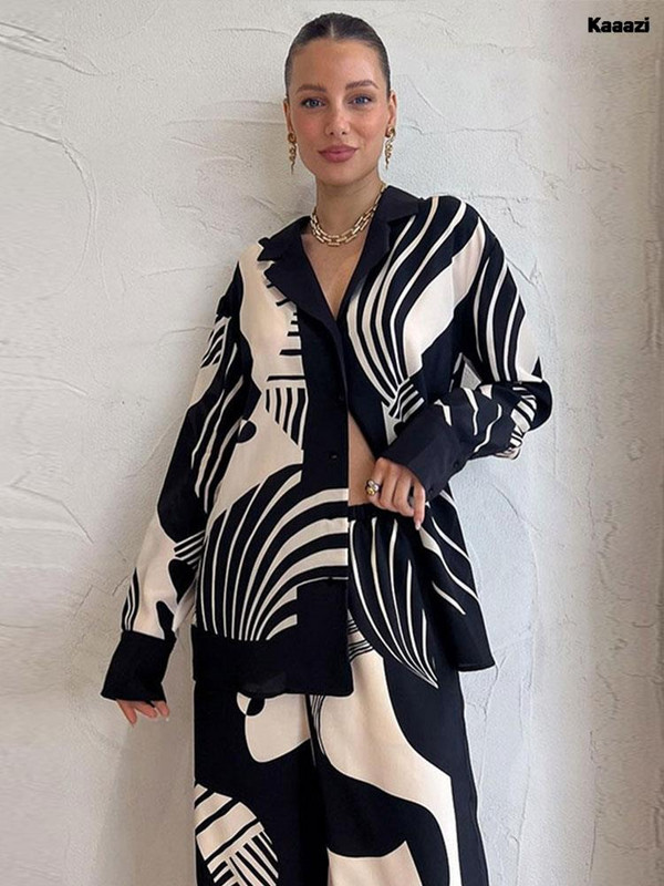 Dámska digitálna potlač 2-dielna súprava, elegantný klopový top s dlhým rukávom, voľné rovné nohavice, oblek, módna streetwear blúzka, košeľa 2023