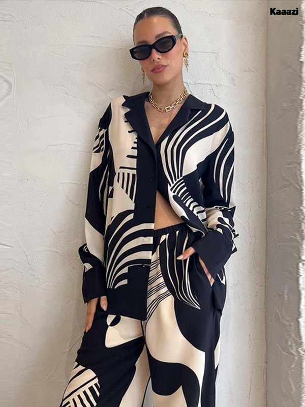 Dámska digitálna potlač 2-dielna súprava, elegantný klopový top s dlhým rukávom, voľné rovné nohavice, oblek, módna streetwear blúzka, košeľa 2023