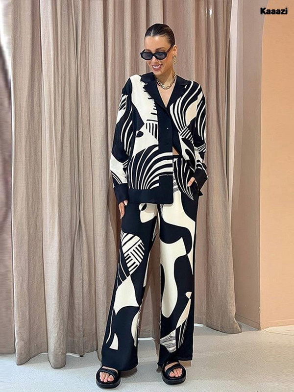 Dámska digitálna potlač 2-dielna súprava, elegantný klopový top s dlhým rukávom, voľné rovné nohavice, oblek, módna streetwear blúzka, košeľa 2023
