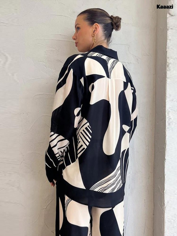 Dámska digitálna potlač 2-dielna súprava, elegantný klopový top s dlhým rukávom, voľné rovné nohavice, oblek, módna streetwear blúzka, košeľa 2023