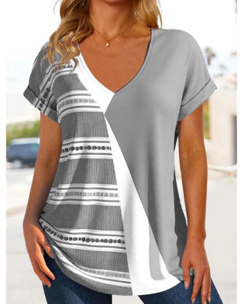 Дамска тениска с 3d геометричен принт с V-образно деколте и горнища с къс ръкав, тениски, улично облекло, дамска огромна тениска, модно женско облекло 2023 г.