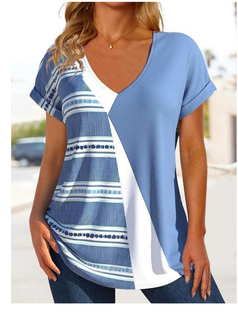Naiste T-särk 3D geomeetriaga mustriga V-kaelusega lühikeste varrukatega topsid T-särgid Tänavarõivad Naiste ülisuured t-särgid Moodne naiste rõivad 2023