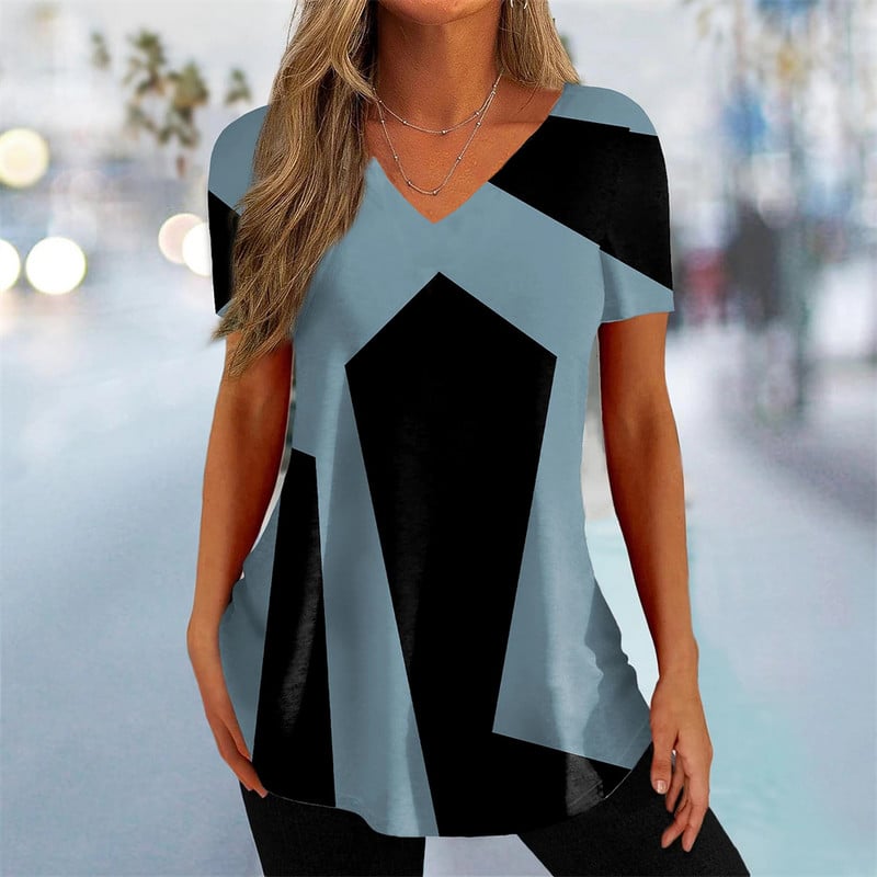 Naiste T-särk 3D geomeetriaga mustriga V-kaelusega lühikeste varrukatega topsid T-särgid Tänavarõivad Naiste ülisuured t-särgid Moodne naiste rõivad 2023