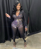 Sexy dámsky overal s flitrami a klubovým ceruzkou, výstrihom do V, jesenný flitrovaný párty overal