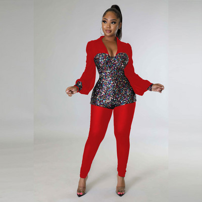 Sexy dámsky overal s flitrami a klubovým ceruzkou, výstrihom do V, jesenný flitrovaný párty overal