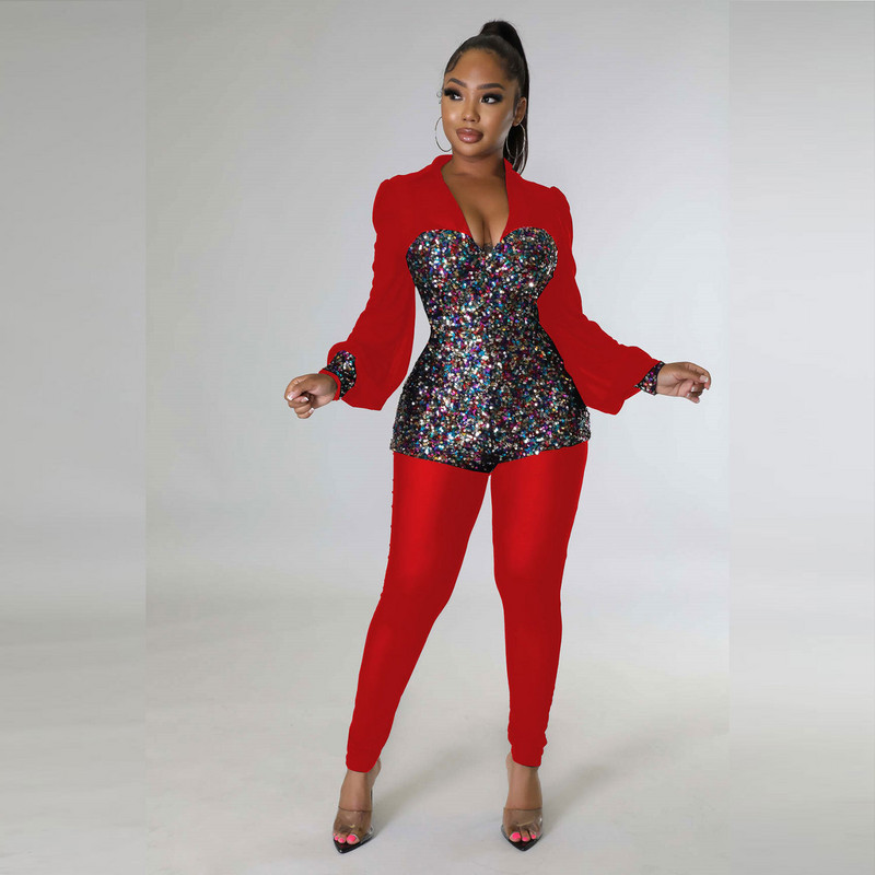 Sexy dámsky overal s flitrami a klubovým ceruzkou, výstrihom do V, jesenný flitrovaný párty overal