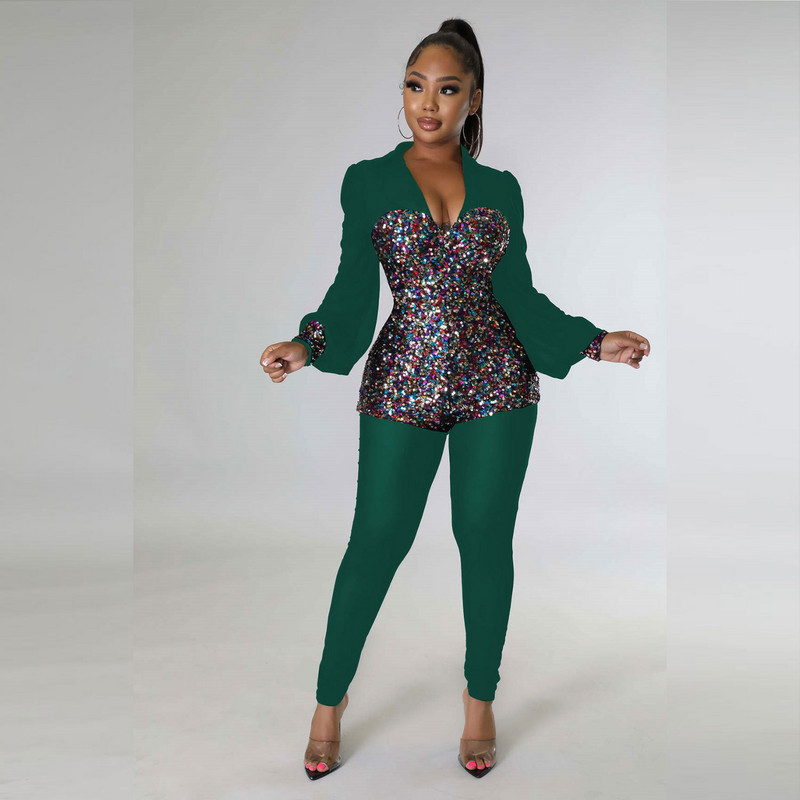 Sexy dámsky overal s flitrami a klubovým ceruzkou, výstrihom do V, jesenný flitrovaný párty overal