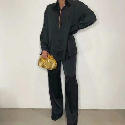 2023 Elegantné saténové dámske súpravy, ležérne košeľa s dlhým rukávom, rovné nohavice, oblek, dámske voľné jednofarebné topy, dvojdielne outfity