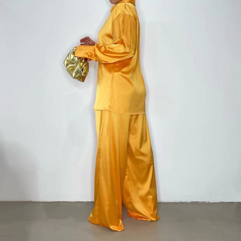 2023 Elegantné saténové dámske súpravy, ležérne košeľa s dlhým rukávom, rovné nohavice, oblek, dámske voľné jednofarebné topy, dvojdielne outfity