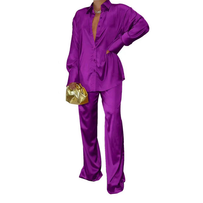 2023 Elegantné saténové dámske súpravy, ležérne košeľa s dlhým rukávom, rovné nohavice, oblek, dámske voľné jednofarebné topy, dvojdielne outfity