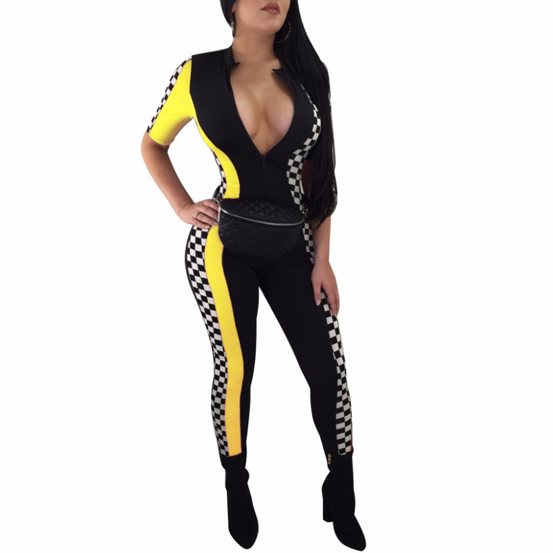 Σέξι γυναίκες με λαιμόκοψη V με κοντό μανίκι Bodycon καρό φόρμα Κομψή, casual αγωνιστική φόρμα