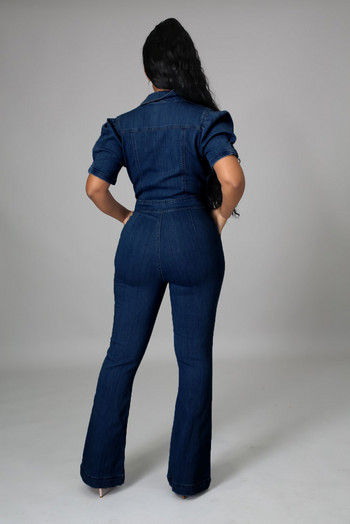 Φθινοπωρινές τζιν φόρμες Σέξι γυναικείες στριμωγμένες κολάρο Bodycon Μπλε τζιν ίσιο φόρμα