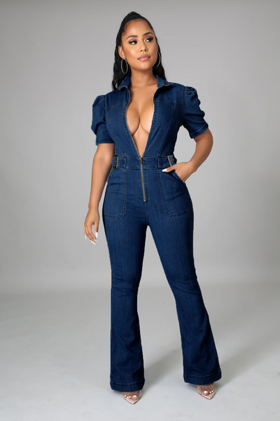 Jesenski kombinezon s trapericama Seksi ženske kombinezone s otvorenim ovratnikom, plavi traper, ravni kombinezon