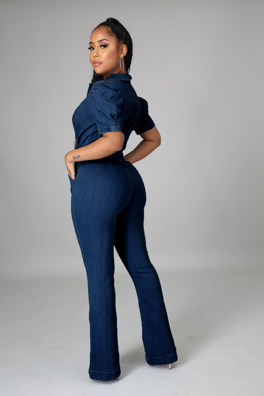 Jesenski kombinezon s trapericama Seksi ženske kombinezone s otvorenim ovratnikom, plavi traper, ravni kombinezon