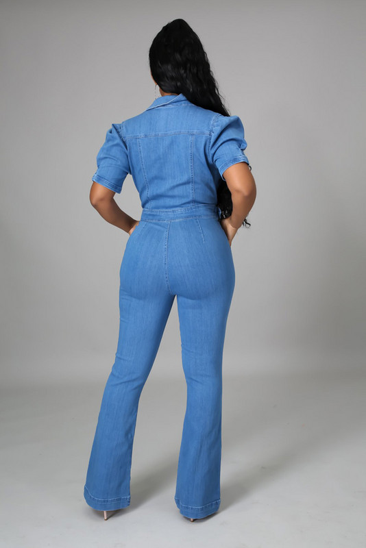 Jesenski kombinezon s trapericama Seksi ženske kombinezone s otvorenim ovratnikom, plavi traper, ravni kombinezon