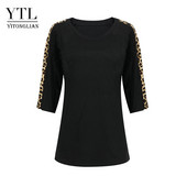 Yitonglian, tricou cu mâneci 3/4 din bumbac, la modă pentru femei, mozaic leopard, tunică solidă, topuri cu gât rotund, tricou pentru femei H408