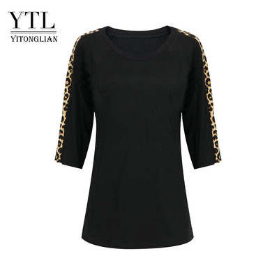 Yitonglian, tricou cu mâneci 3/4 din bumbac, la modă pentru femei, mozaic leopard, tunică solidă, topuri cu gât rotund, tricou pentru femei H408