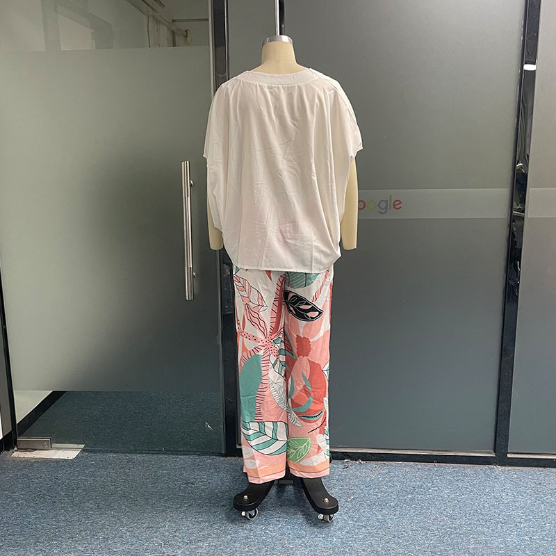 Wefads Dvojdielna súprava Letné ležérne Jednodielne s výstrihom do V, rukávmi s netopierím, voľným topom, širokými nohavicami, potlačou, strečovým pásom, nohavicami, streetwear