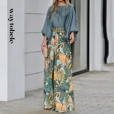 Waytobele Γυναικείο σετ δύο τεμαχίων μόδας Μακρύ μανίκι φαναράκι μονόχρωμο μπλουζάκι με στρογγυλή λαιμόκοψη φαρδιά φαρδιά ποδαράκια στάμπ Σετ παντελονιών Streetwear