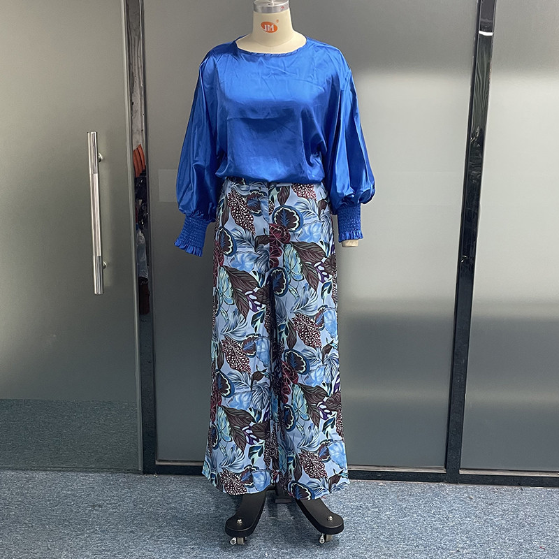 Waytobele Γυναικείο σετ δύο τεμαχίων μόδας Μακρύ μανίκι φαναράκι μονόχρωμο μπλουζάκι με στρογγυλή λαιμόκοψη φαρδιά φαρδιά ποδαράκια στάμπ Σετ παντελονιών Streetwear