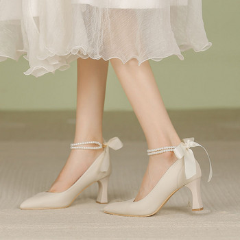 Обувки за жени 2023 г. Помпи Високи токчета Дамски летни обувки на мокасини на ток с каишки Булчен лък Булчински ток Млади