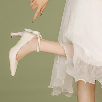 Обувки за жени 2023 г. Помпи Високи токчета Дамски летни обувки на мокасини на ток с каишки Булчен лък Булчински ток Млади