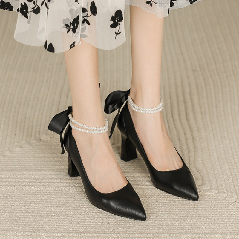 Pantofi pentru femeie 2023 pantofi cu toc înalt Încălțăminte de vară pentru femei pe mocasini cu toc cu bretele Fundă groasă Mireasă toc bloc tânăr