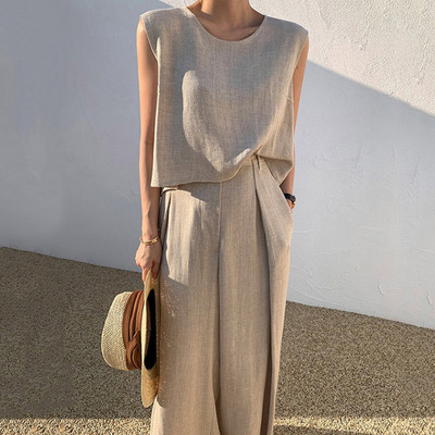 Costum din bumbac, in, pentru femei, fără mâneci, cu decolteu O, pantaloni largi, pantaloni largi, set de două piese, ocazional, birou, ținute de vară largi