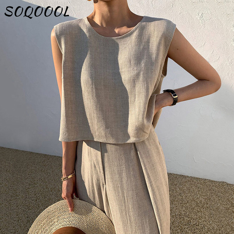 Costum din bumbac, in, pentru femei, fără mâneci, cu decolteu O, pantaloni largi, pantaloni largi, set de două piese, ocazional, birou, ținute de vară largi