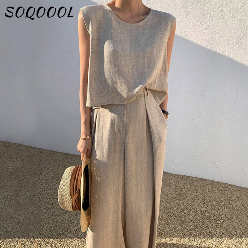 Costum din bumbac, in, pentru femei, fără mâneci, cu decolteu O, pantaloni largi, pantaloni largi, set de două piese, ocazional, birou, ținute de vară largi