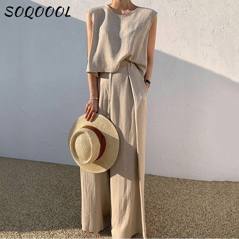 Costum din bumbac, in, pentru femei, fără mâneci, cu decolteu O, pantaloni largi, pantaloni largi, set de două piese, ocazional, birou, ținute de vară largi