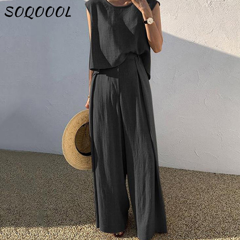 Costum din bumbac, in, pentru femei, fără mâneci, cu decolteu O, pantaloni largi, pantaloni largi, set de două piese, ocazional, birou, ținute de vară largi