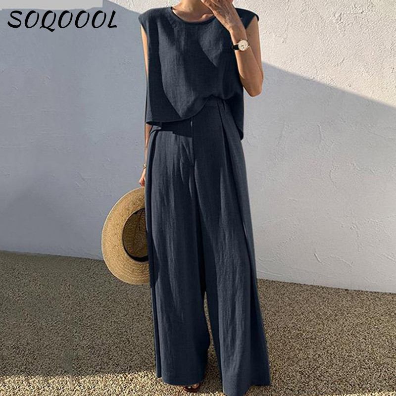 Costum din bumbac, in, pentru femei, fără mâneci, cu decolteu O, pantaloni largi, pantaloni largi, set de două piese, ocazional, birou, ținute de vară largi