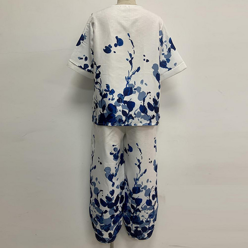 2 τμχ/Σετ Γυναικεία στολή με μισό μανίκι Ψηλόμεσο, ελαστικό τοπ παντελόνι σετ με λουλούδια στάμπα με φαρδιά μπλούζα γυναικεία πουκάμισα Vintage