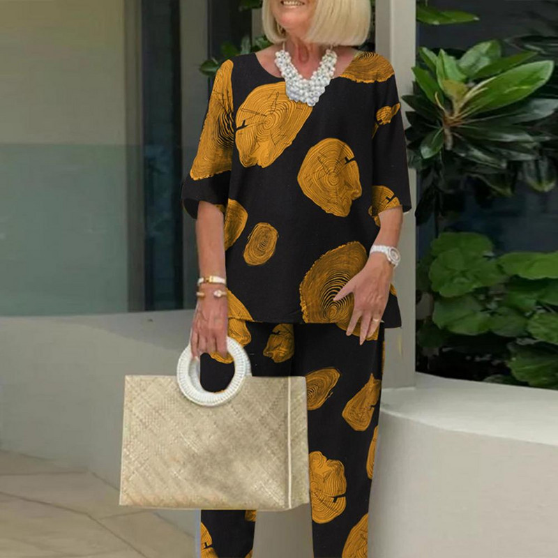 2023 2 buc. Bluză de vară cu jumătate de mânecă pentru femei, trening, ocazional, pantaloni largi, seturi vintage asortate, costume imprimate supradimensionate