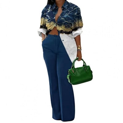 Jesenná módna potlač dvojdielna súprava pre ženy ležérne voľné gombíky s dlhým rukávom, elastické sťahovacie šnúrky, široké nohavice