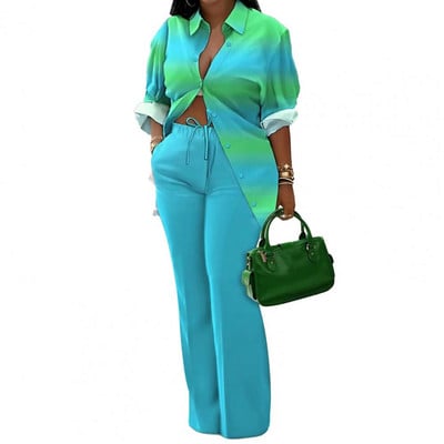 Jesenná módna potlač dvojdielna súprava pre ženy ležérne voľné gombíky s dlhým rukávom, elastické sťahovacie šnúrky, široké nohavice