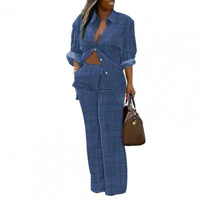 Jesenná módna potlač dvojdielna súprava pre ženy ležérne voľné gombíky s dlhým rukávom, elastické sťahovacie šnúrky, široké nohavice