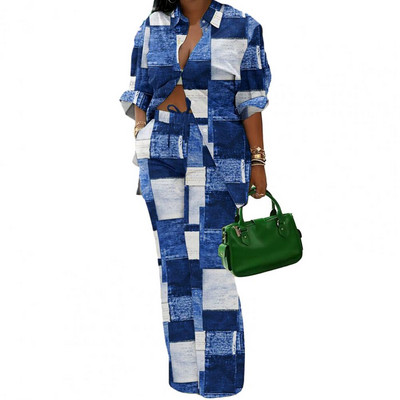 Jesenná módna potlač dvojdielna súprava pre ženy ležérne voľné gombíky s dlhým rukávom, elastické sťahovacie šnúrky, široké nohavice