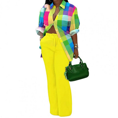 Jesenná módna potlač dvojdielna súprava pre ženy ležérne voľné gombíky s dlhým rukávom, elastické sťahovacie šnúrky, široké nohavice